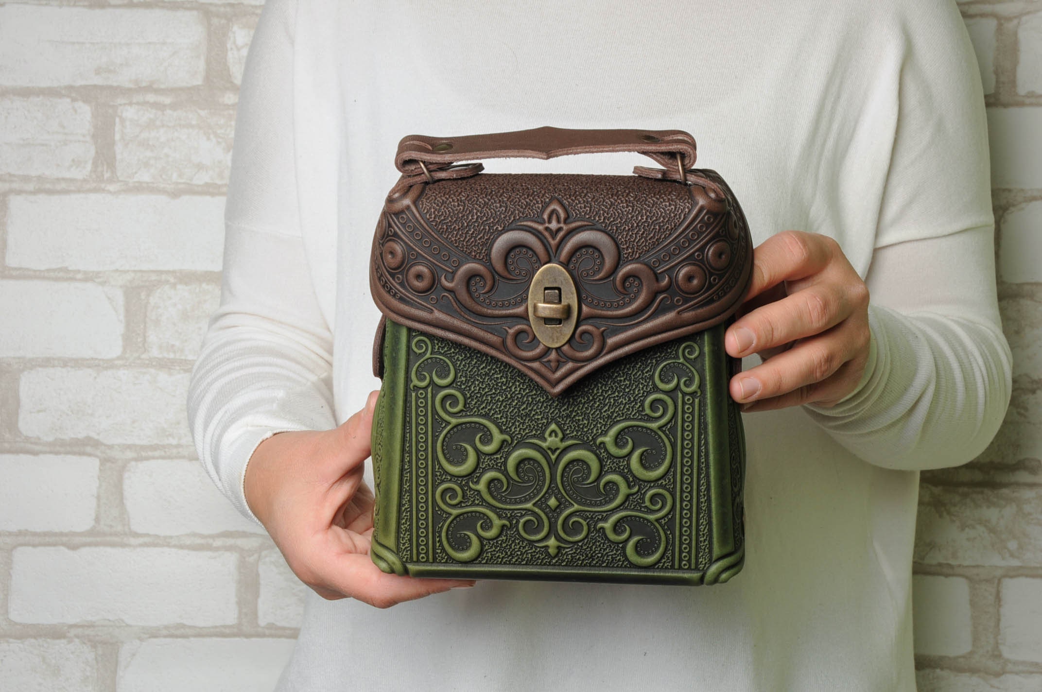 Embossed Leather Backpack: Olive & Brown Boho Rucksack - Etsy