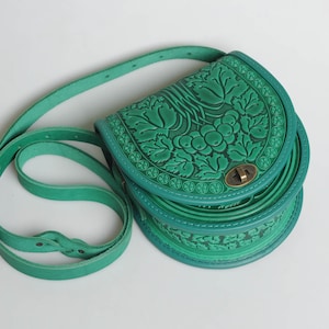 Turquoise Leather Crossbody Bag: Handmade Tooled Leather Purse