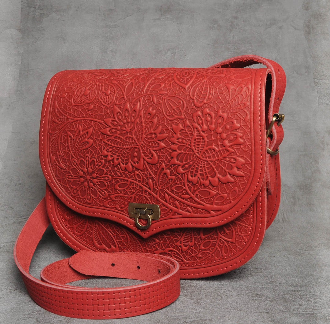 Red Crossbody Bag, Red Shoulder Bag, Bag With Flowers, Red Messenger