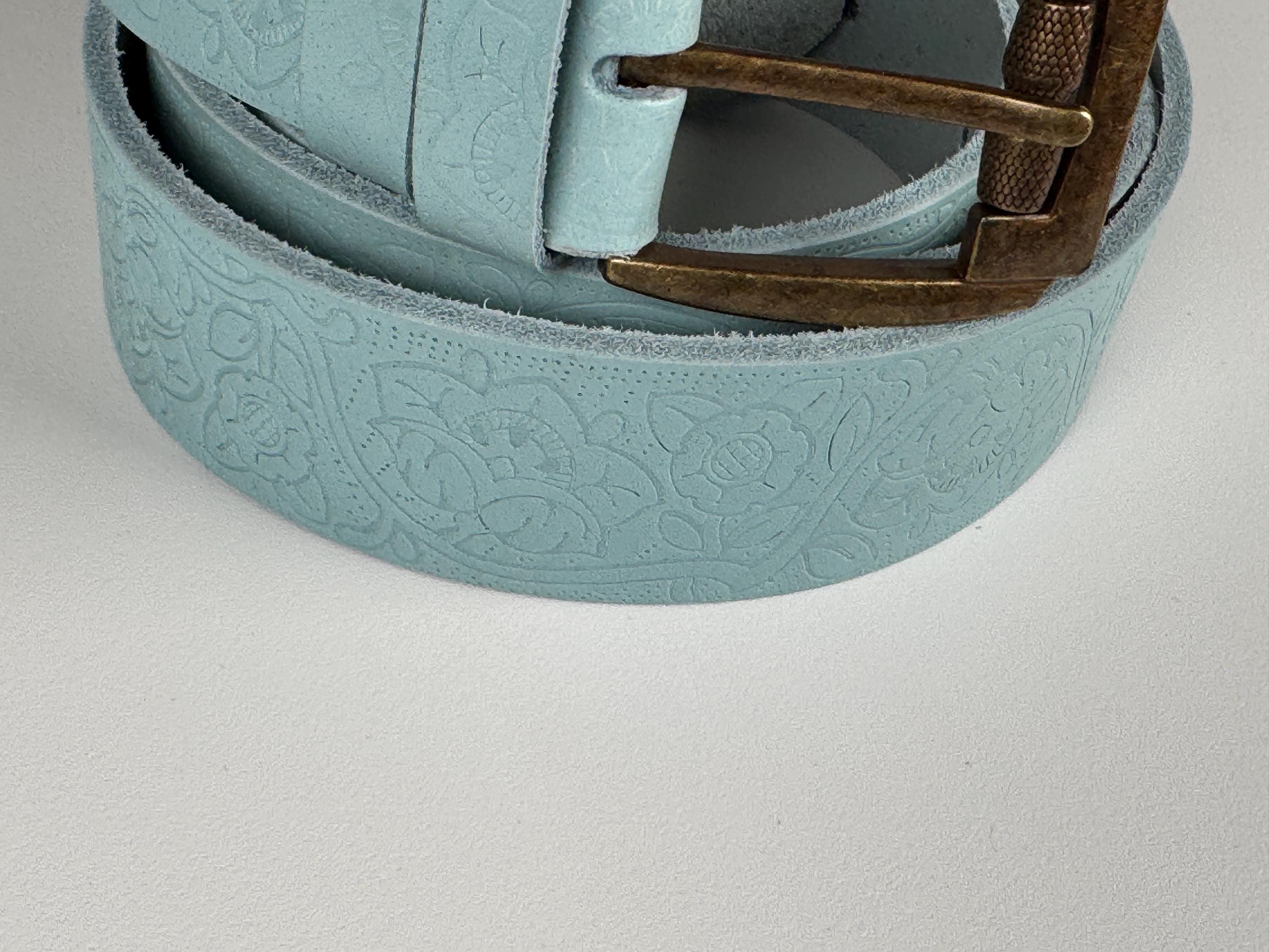 Mint Green Embossed Genuine Leather Belt With Floral Pattern 