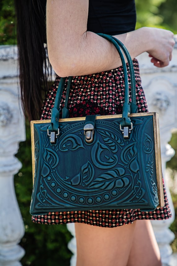 Green Leather Evening Purse: Embossed Calf Leather Bag With Green Leather Evening Purse: Embossed Calf Leather Bag With
