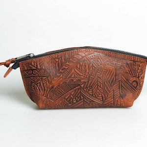 Embossed Leather Cosmetic Bag: &#39;Carpathians&#39; Pattern Toiletry Organizer