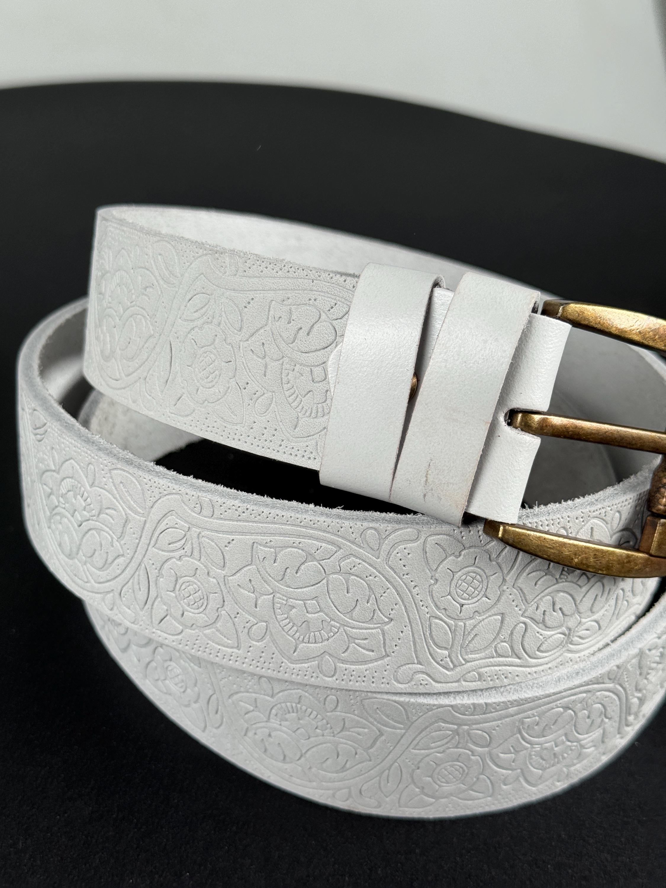 White Embossed Genuine Leather Belt for Women - Etsy display picture 2