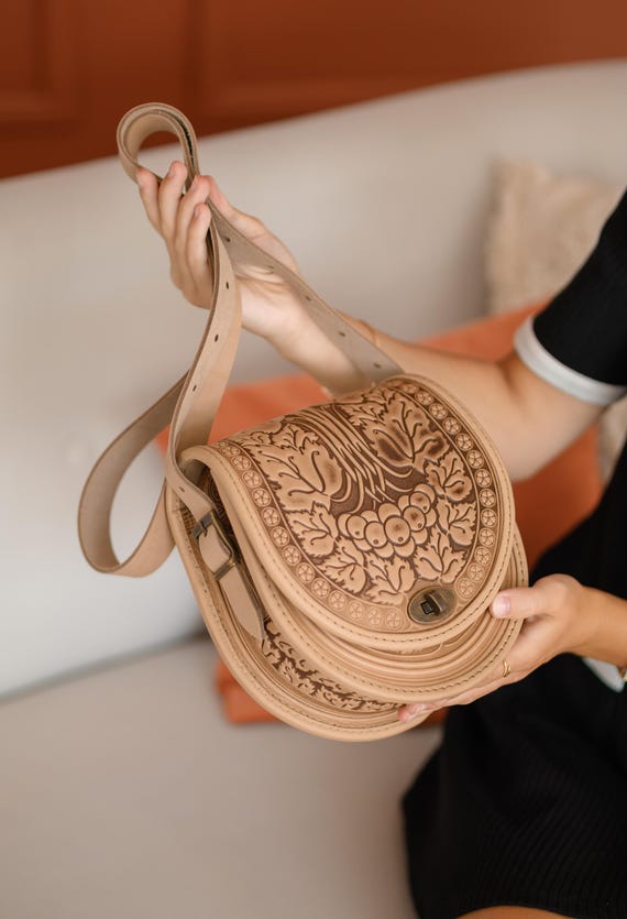 Embossed Beige Leather Crossbody Bag: Handmade Satchel Purse