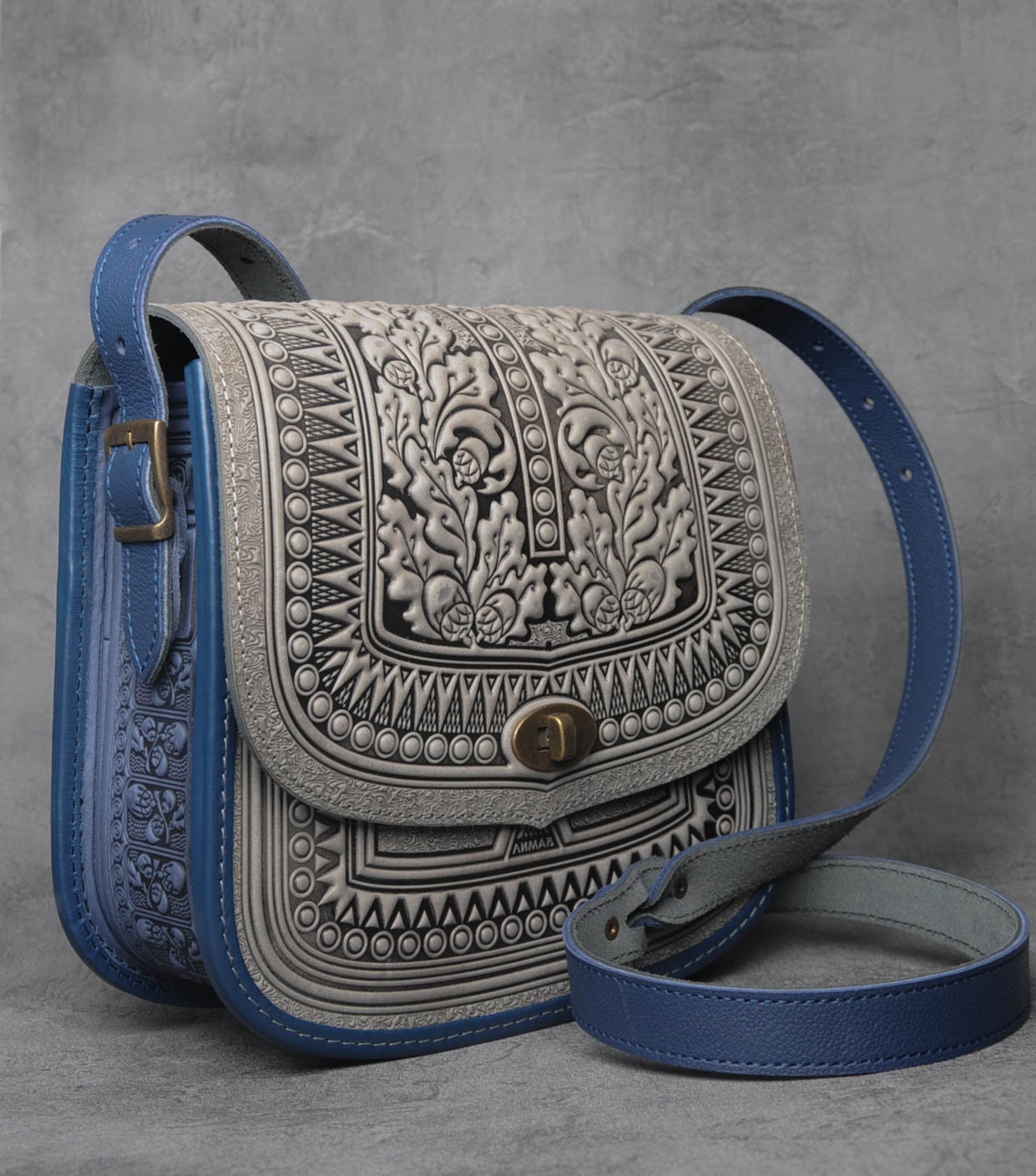 Kashiko Leopard Print Shoulder Bag Blue Greyショルダーバッグ Big Leather Bag, Gray+blue Messenger Bag, Genuine Leather