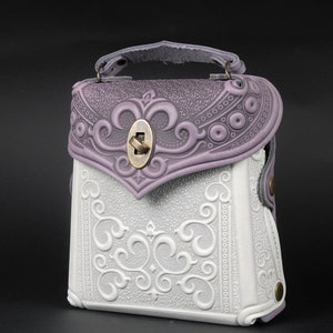 Embossed Leather Backpack: Lilac & White Boho Rucksack
