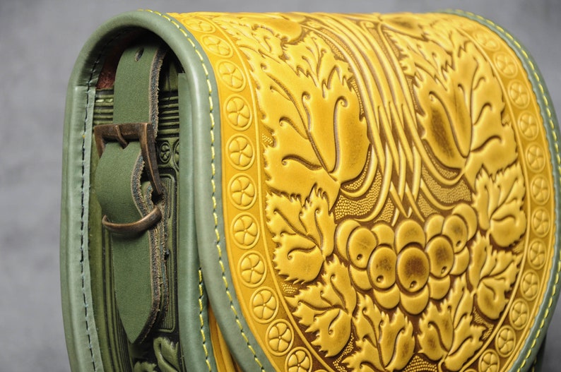 Yellow bag ladies yellow shoulder bag bright leather purse embossed bag crossbody bag gift for her round leather bag