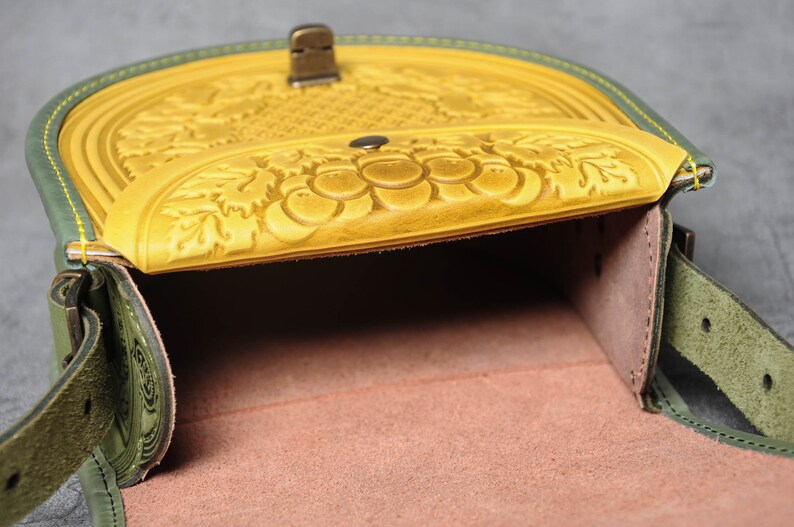 Yellow bag ladies yellow shoulder bag bright leather purse embossed bag crossbody bag gift for her round leather bag