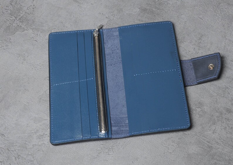 Cartera de cuero azul, Cartera de cuero suave, Cartera con bolsillo para monedas, Cartera unisex, Cartera de cuero auténtico, Cartera de mano, Cartera de mujer imagen 2