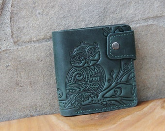 Genuine leather small bifold wallet, embossed leather green pocket id wallet with owl pattern