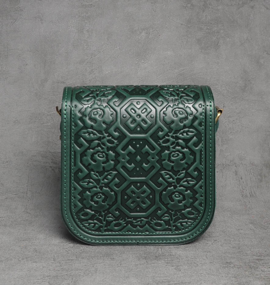 Green Crossbody Bag, Leather Purse, Hot Tooled Leather