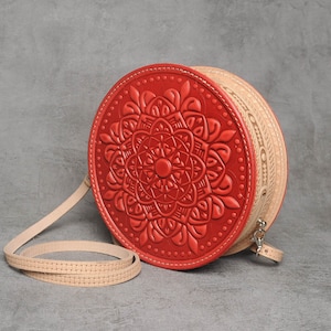 Circular Leather Bag, Round Bag, Red Leather, Cross Body Circular Leather Bag, Round Bag, Red Leather, Cross Body