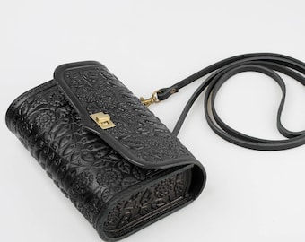 Embossed Black Leather Belt Bag: Floral Fanny Pack Purse