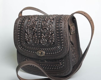 Große Ledertasche, braune Umhängetasche, Umhängetasche, Echtledertasche, punziert Leder, Umhängetasche, geräumige Tasche