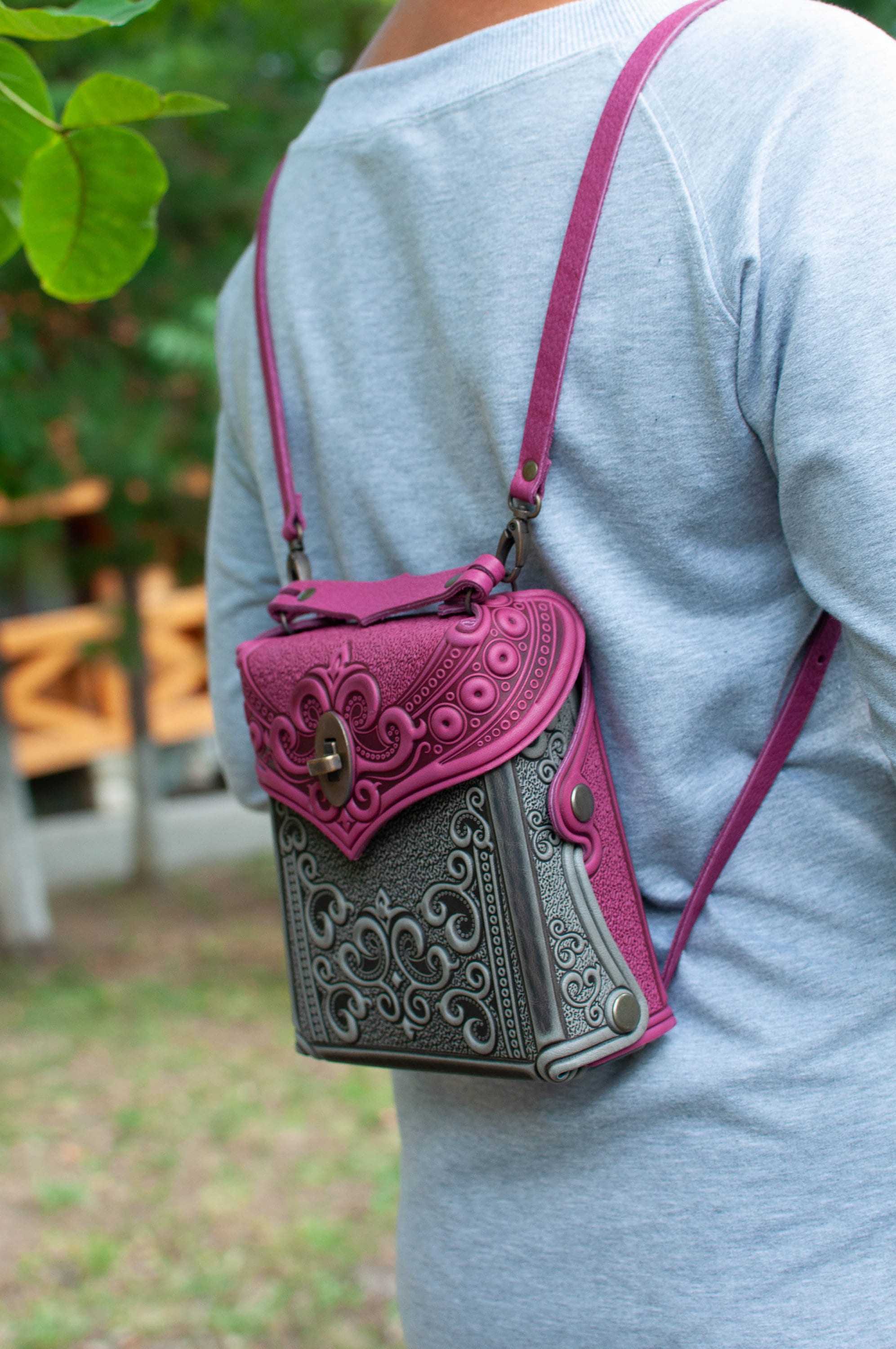 Embossed Leather Backpack: Pink & Gray Boho Bag - Etsy display picture 2
