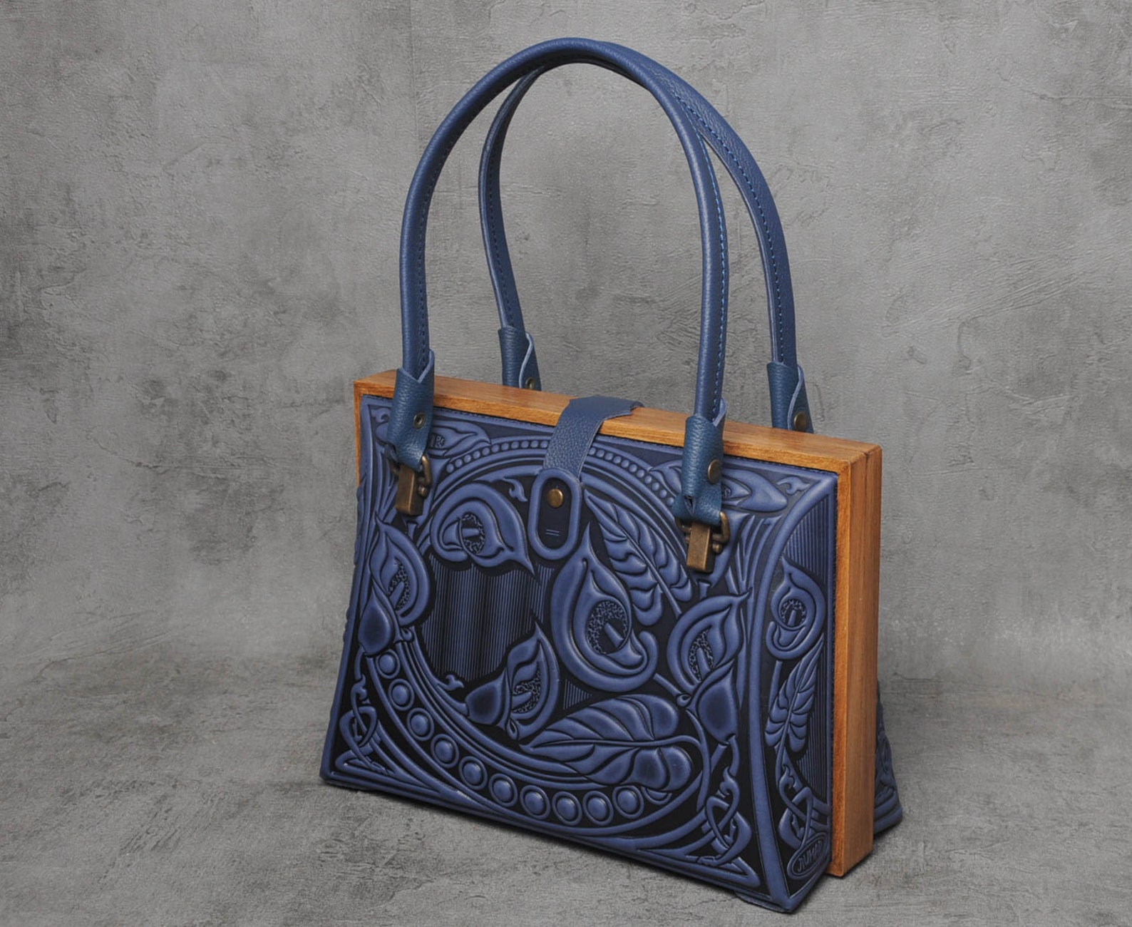 Blue Leather Evening Purse Leather Purse With Wooden Frame Etsy