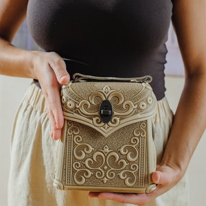 Embossed Leather Backpack: Small Beige Boho Bag, Convertible Handbag