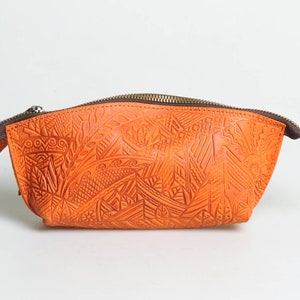 Embossed Leather Cosmetic Bag: &#39;Carpathians&#39; Pattern Toiletry Organizer