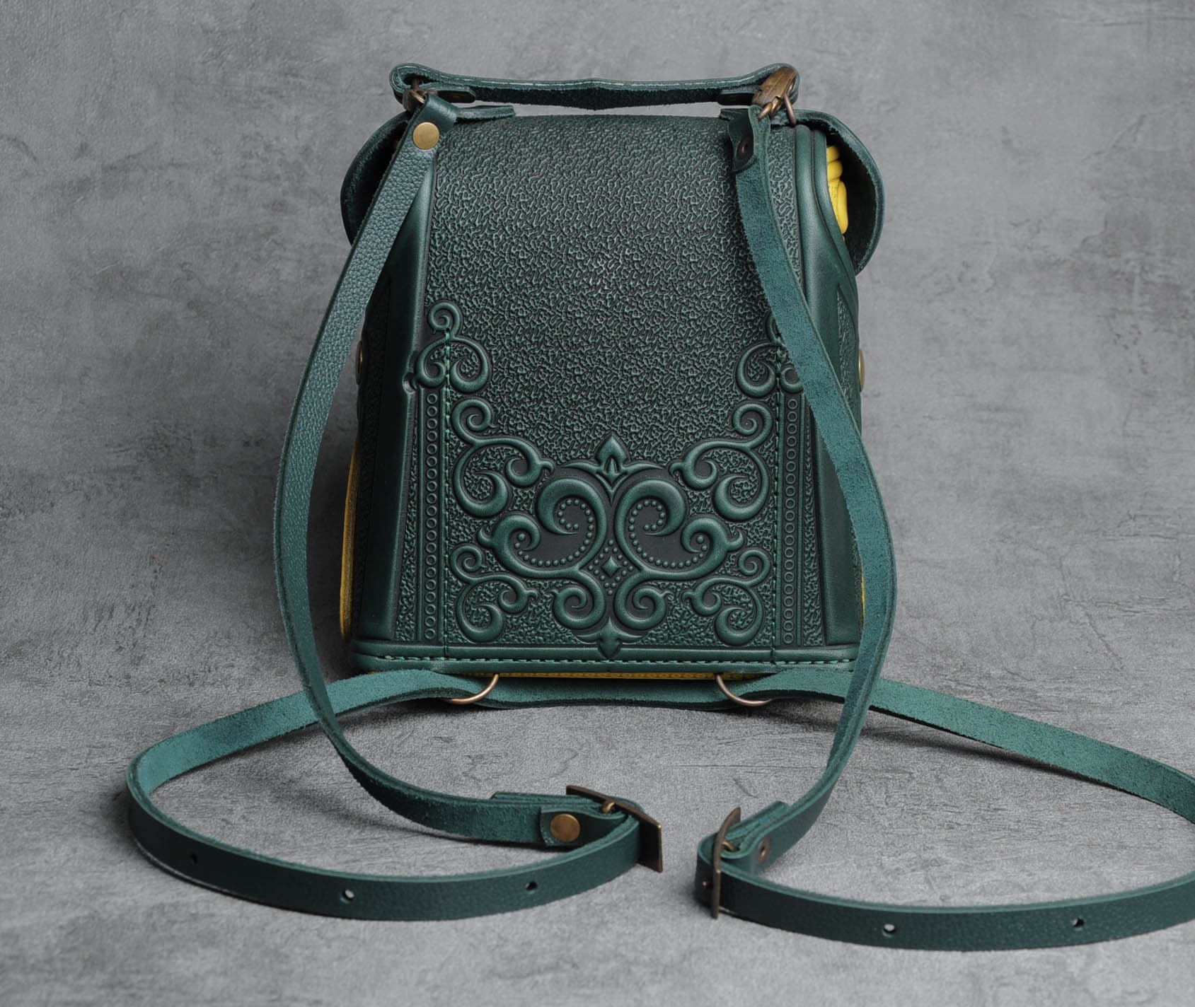 Green Leather Contrast Stitching Backpack Made in Romania Boho Utility Embossed Leather Backpack: Green & Yellow Boho Rucksack - Etsy main image 3
