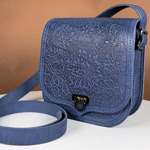 Chic Blue Shoulder Bag - Embossed Leather Ladies Bag - Stylish Blue Shoulder Bag - Handcrafted Genuine Leather Purse