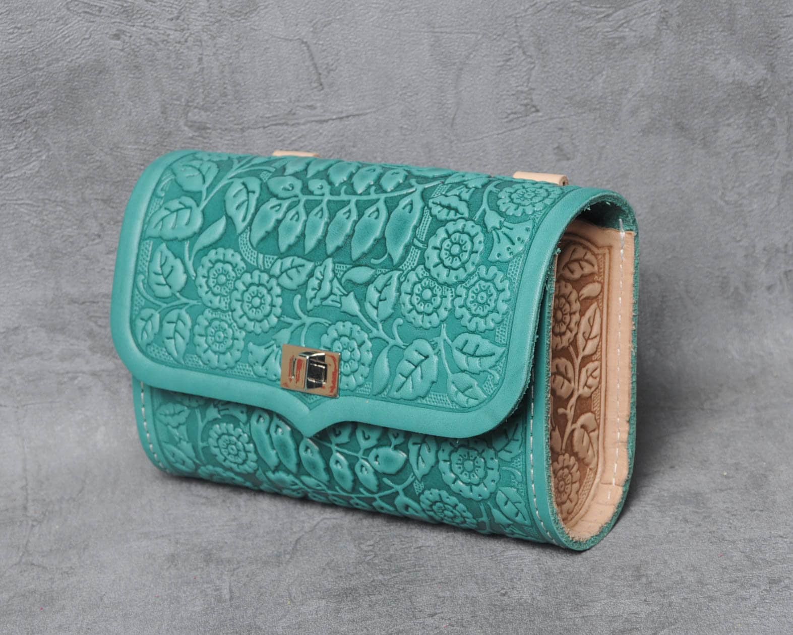 Embossed Turquoise Leather Belt Bag: Floral Fanny Pack