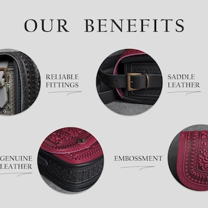 Puede incluir: Primer plano de un bolso de cuero negro con una solapa de cuero burdeos. El bolso presenta un dise&ntilde;o en relieve detallado, un cierre de hebilla y el texto "Reliable Fittings", "Saddle Leather", "Genuine Leather" y "Embossment".