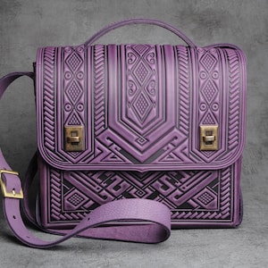 Purple leather satchel bag, genuine leather bag, embossed leather bag, leather brief case, crossbody bag, shoulder bag, capacious bag image 9