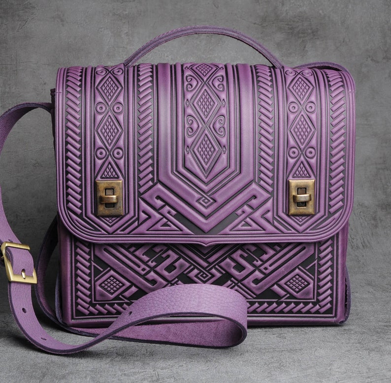 Purple leather satchel bag, genuine leather bag, embossed leather bag, leather brief case, crossbody bag, shoulder bag, capacious bag image 9