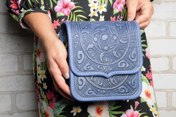 Blauwe schoudertas leren damestas echte leren tas hottooltas tas met relief crossbodytas dames schoudertas cadeau idee Etsy Nederland