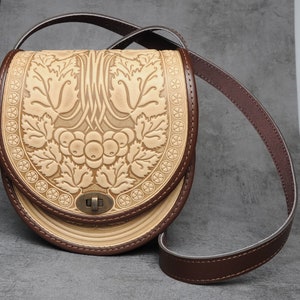 Embossed Leather Crossbody Bag: Handmade Beige Round Purse