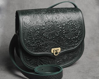 Green crossbody bag, green shoulder bag, bag with flowers, Green messenger bag Flower, big leather purse, embossed leather purse