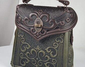 Embossed Brown-olive Green Leather Backpack, Small Boho  display picture 3
