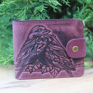 Cartera Marsala con pájaros, cartera de piel grabada, cartera de piel Marsala, cartera de piel auténtica, cartera de bolsillo con pájaros, cartera tipo billetero