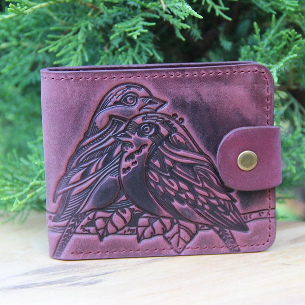 Marsala wallet with birds, embossed leather wallet, marsala leather wallet, genuine leather wallet, pocket wallet birds, billfold wallet