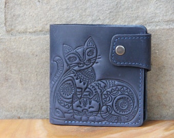 embossed leather blue pocket wallet with cute kitty pattern, genuine leather small bifold wallet