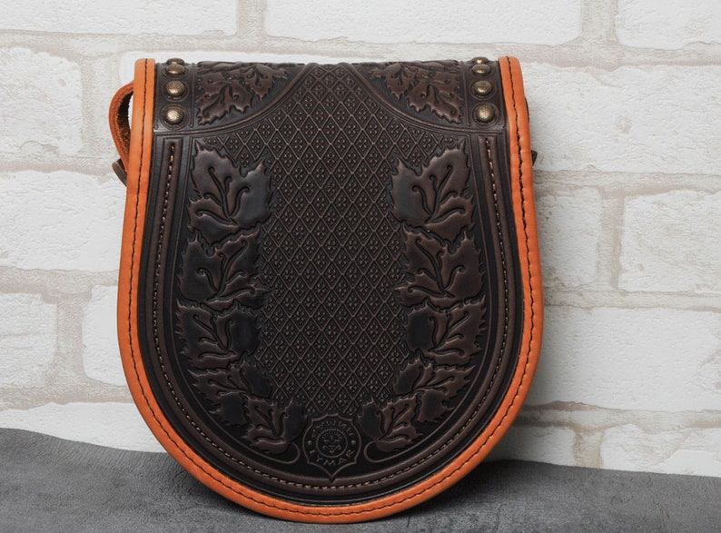 Brown bag with metal, round leather bag, embossed bag, brown leather purse, crossbody bag, tooled foxy bag, gift for her, shoulder purse image 10