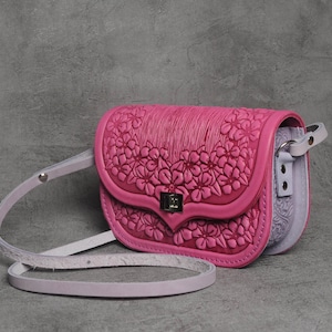 small pink bag, pink shoulder bag, pink leather mini purse, embossed leather crossbody purse,  genuine leather bag with floral pattern