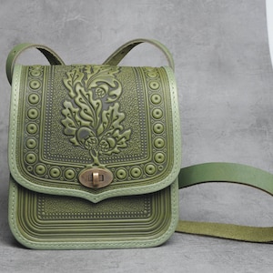 Olive leather purse, hot tooled leather, embossed leather bag, crossbody bag, shoulder leather bag, green bag, messenger bag, gift for her image 9