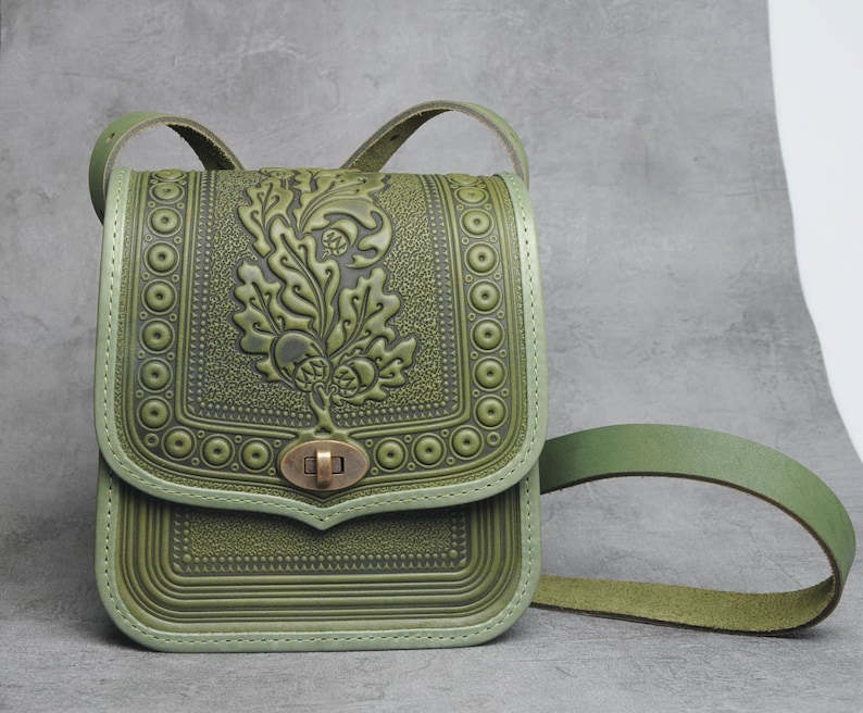 Olive leather purse, hot tooled leather, embossed leather bag, crossbody bag, shoulder leather bag, green bag, messenger bag, gift for her image 9