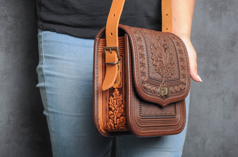 Brown/foxy Crossbody Bag Leather Purse Hot Tooled Leather - Etsy