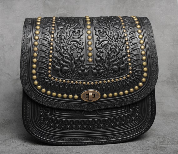 Black Leather Messenger Bag: Tooled Oak Leaf Design, Metal  display picture 1