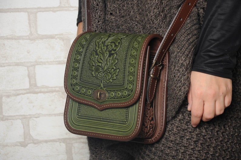 Olive leather purse, hot tooled leather, embossed leather bag, crossbody bag, shoulder leather bag, green bag, messenger bag, gift for her image 1