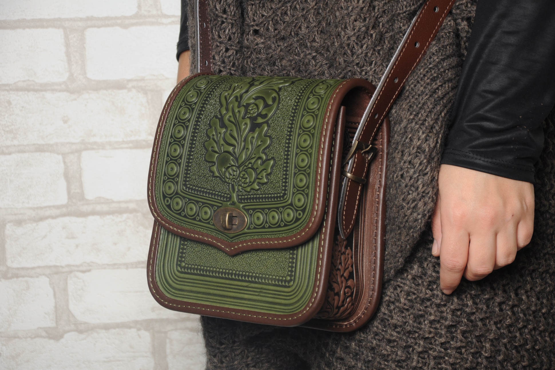 Olive Leather Crossbody Bag: Hot Tooled Oak Leaf Design - Etsy