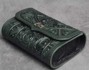 Embossed Green Leather Belt Bag: Handmade Fanny Pack for Women