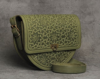 Olive leather purse, big shoulder bag, olive genuine leather bag, unique crossbody bag, embossed leather purse, crossbody bag