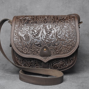Dark brown leather bag, big leather purse, hot tooled purse, chocolate crossbody bag, brown shoulder bag, capacious leather bag