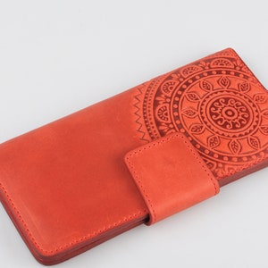 Cartera larga roja, cartera mandala, cartera de cuero rojo, cartera de cuero suave, cartera con bolsillo para monedas, cartera clutch, cartera de mujer, idea de regalo
