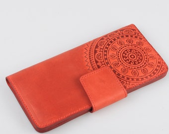 Long red wallet, mandala wallet, red leather wallet, soft leather wallet, wallet with coin pocket, clutch wallet, womens wallet, gift idea