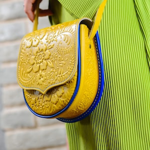 bright yellow leather crossbody purse, small leather shoulder bag with floral embossment, Ukrainian gift
