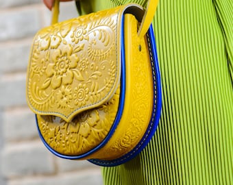 bright yellow leather crossbody purse, small leather shoulder bag with floral embossment, Ukrainian gift